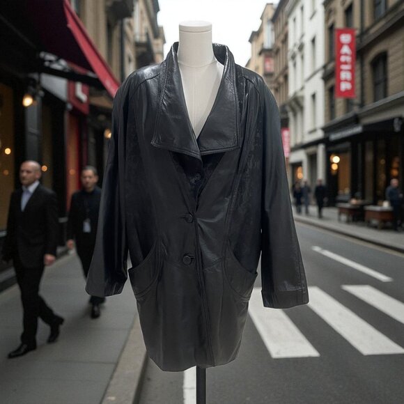 Vintage Black Leather Oversized Jacket Exotic Korea Moto Streetwear Baddie XL - Picture 1 of 16